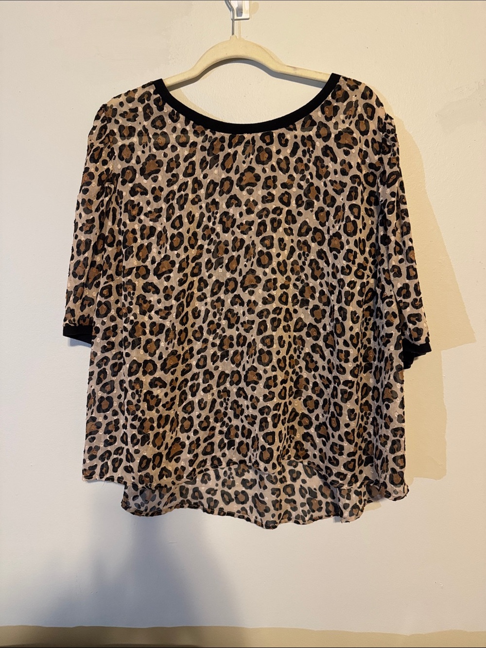 a new day Leopard Print Sheer Blouse with Black Trim